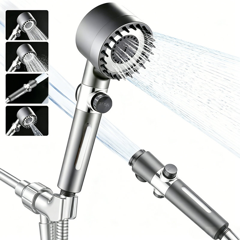Pomme de douche à main haute pression filtrée avec buses de massage du cuir chevelu, 4 modes de jet réglables, interrupteur à une main, tuyau de douche en acier inoxydable et support adhésif sans perceuse, baguette de douche amovible pour le nettoyage de la salle de bain et le lavage des animaux de compagnie