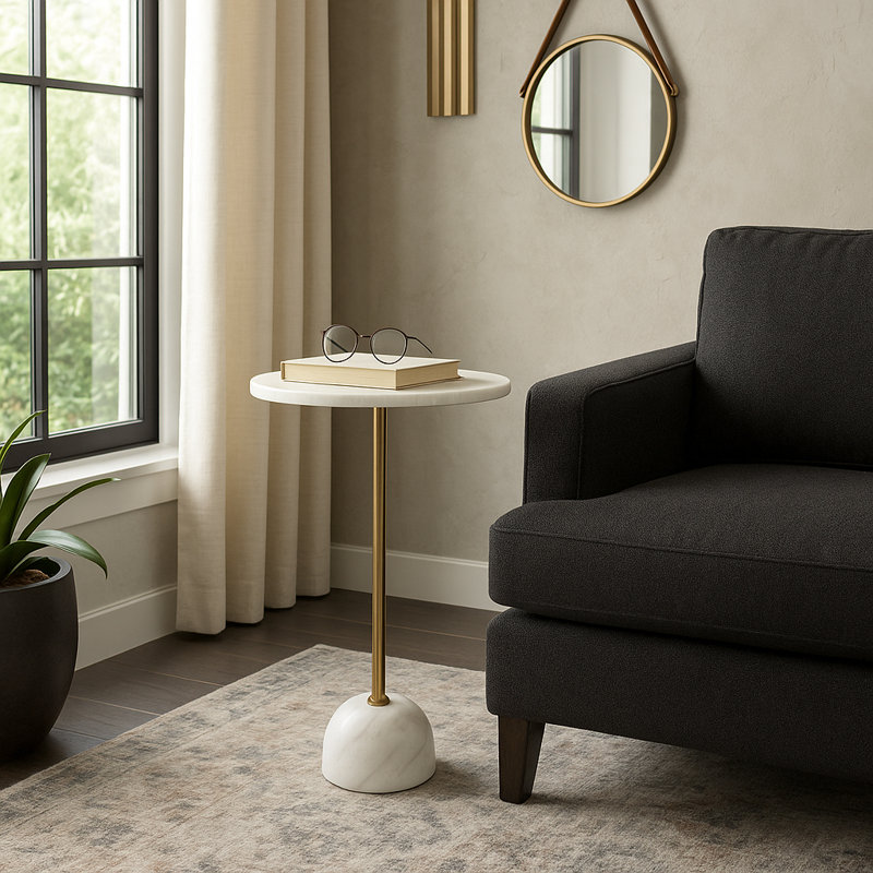 Glam Marble & Stone Accent Table Side Table for Living Room, Bedroom, or Office., Gold/White, White