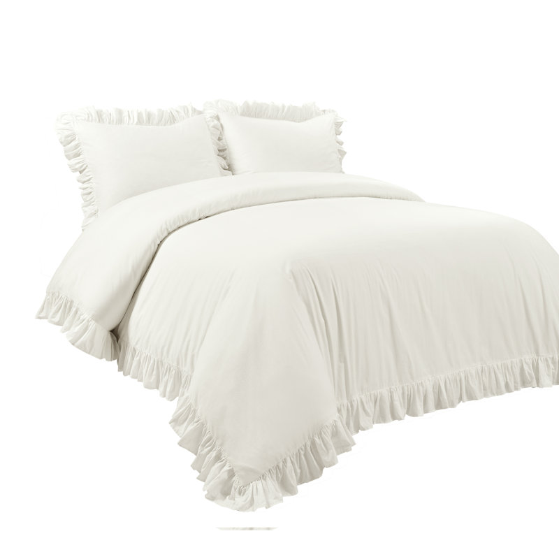 Off-White Ruffled Cotton Full/Queen Duvet Cover Set