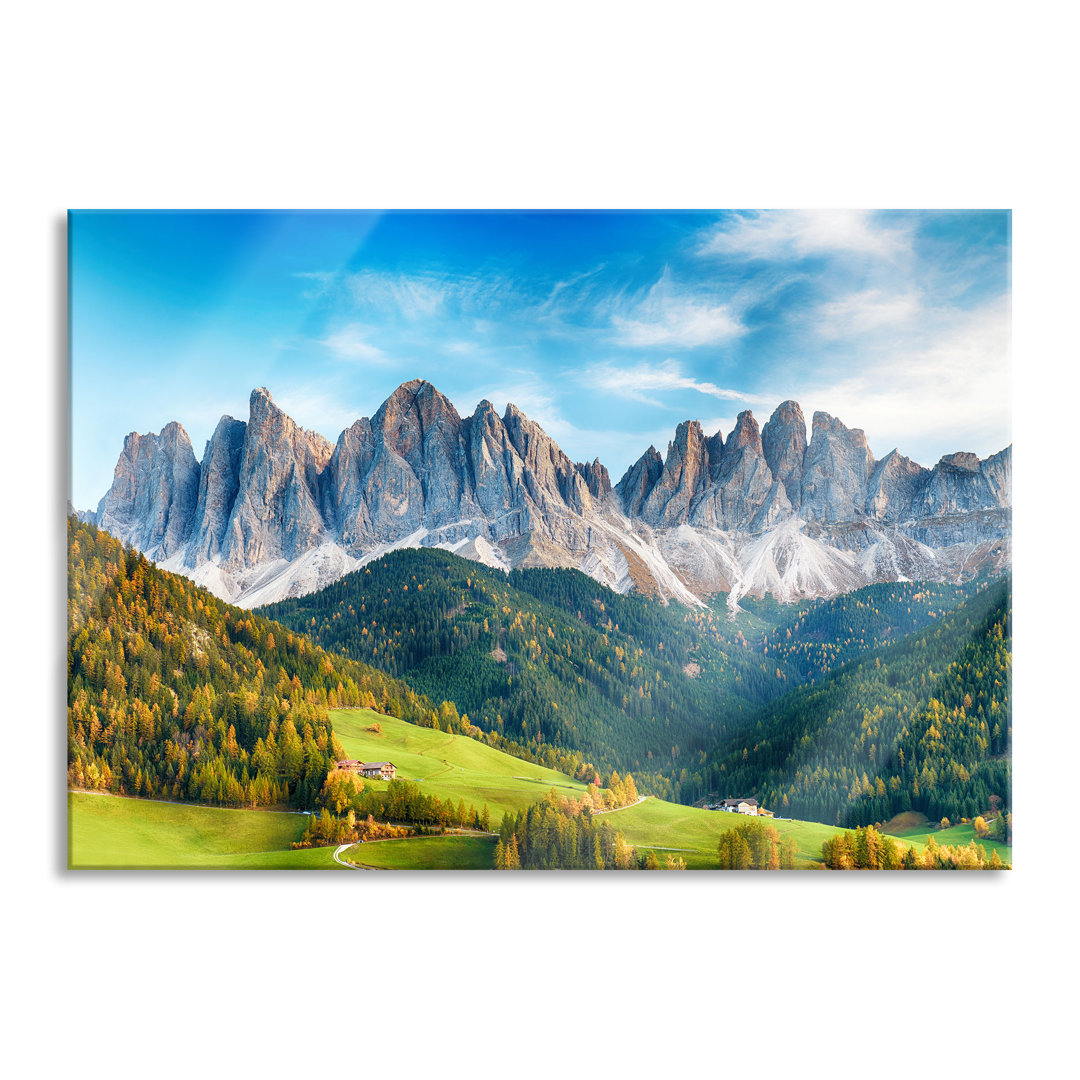 Glasbild Bunte Waldlandschaft vor den Dolomiten