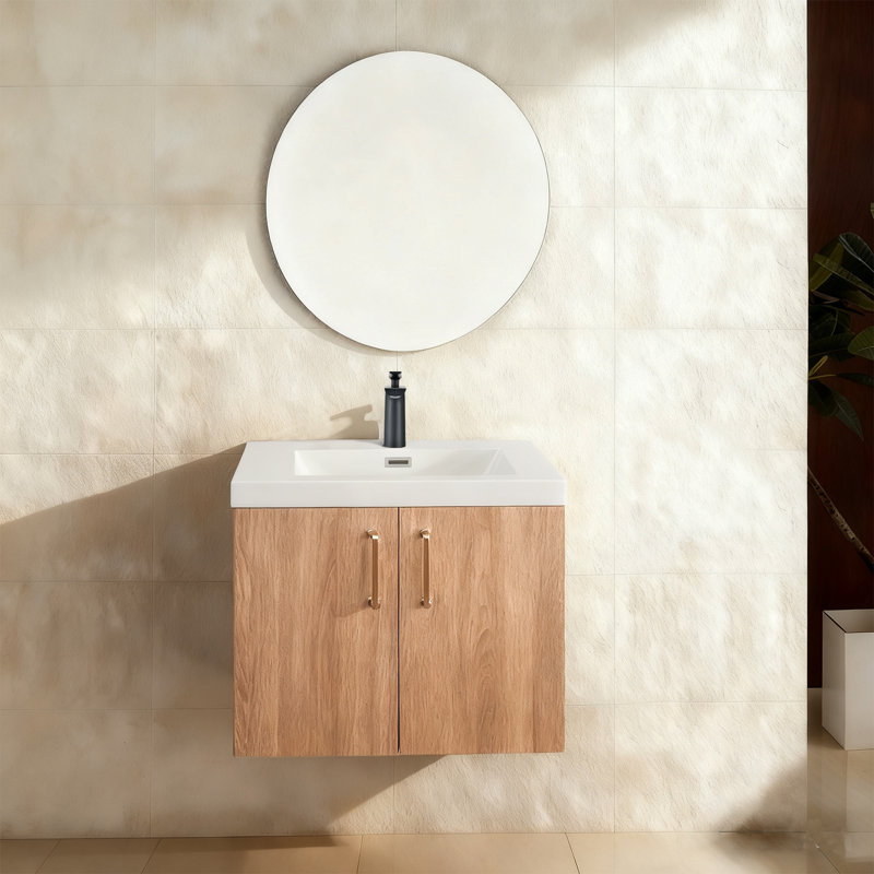 Ensemble de meuble-lavabo moderne 24 po avec lavabo, portes d'armoires flottantes murales, poignées dorées, ensemble de meuble-lavabo en résine blanche