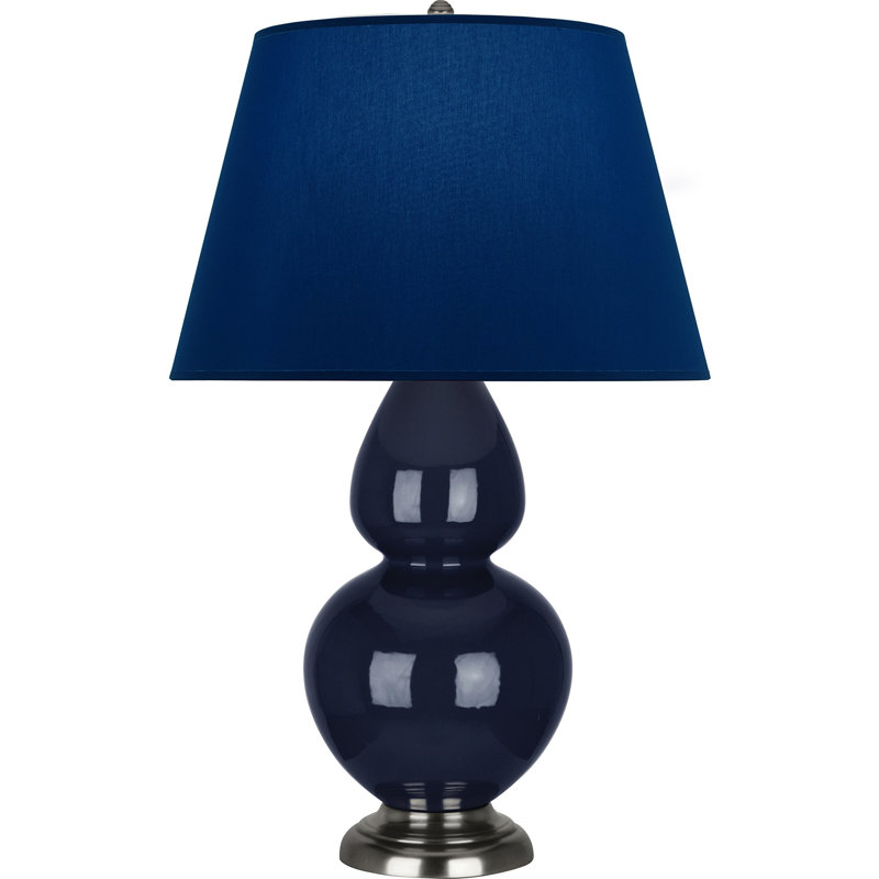 Lampe de table double gourde en céramique, Bleu marine/gris, Bleu minuit émaillé / argent antique, Argent argent