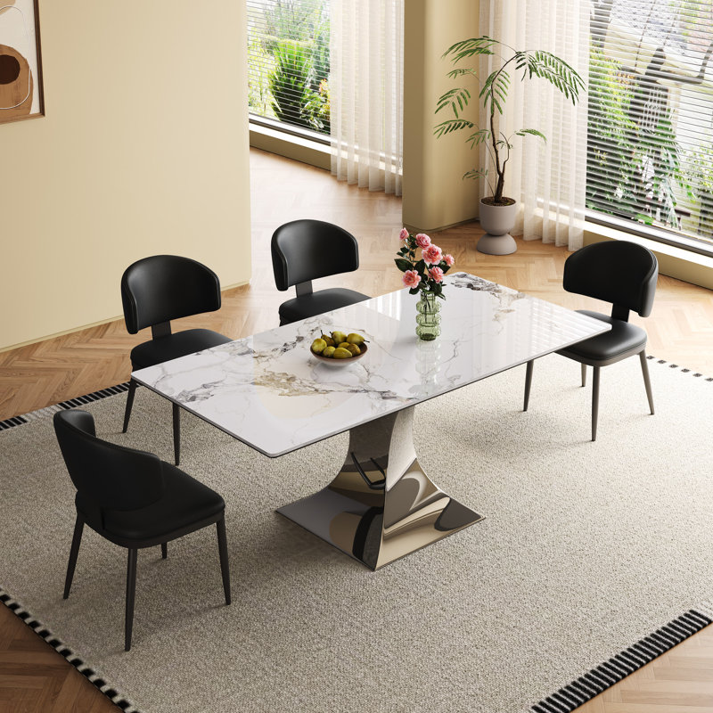 Table de salle à manger pour 6 à 8 personnes, forme rectangulaire, profondeur de 71 pouces, fabrication en pierre frittée et en acier inoxydable, table moderne facile à assembler, 71 po x 35,4 po, hauteur 30 po, base noire, pierre, peau
