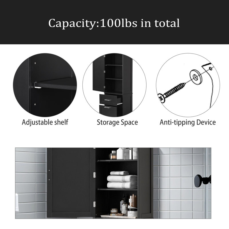 Grande armoire de rangement pour salle de bain, armoire de rangement autoportante avec deux tiroirs de tailles différentes et tablette réglable, panneau de fibres à densité moyenne avec