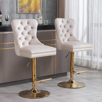 Thick Swivel Velvet Barstools Adjusatble Seat Height From 27-35", Upholstered Bar Stools With Backs Comfortable Tufted For Home Pub And Kitchen Island (Set Of 2)