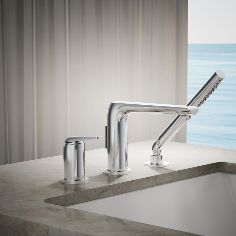 Avid Deck-Mount Bath Faucet With Handshower, Polished Chrome