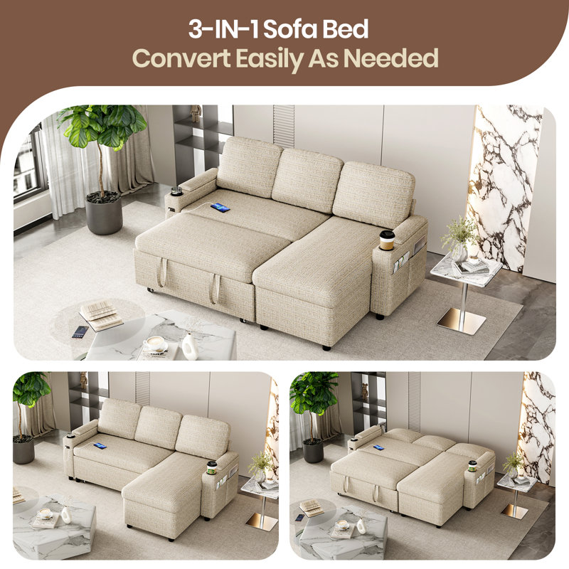 3 Seater Sofa & Chaise, Beige Fabric