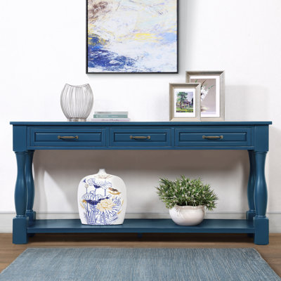 Table 63 po avec 3 tiroirs. Bleu marine, structure en bois massif, stable et instructions d'assemblage faciles. Console avec tiroir inférieur de 63 po. Stable et solide, à installer