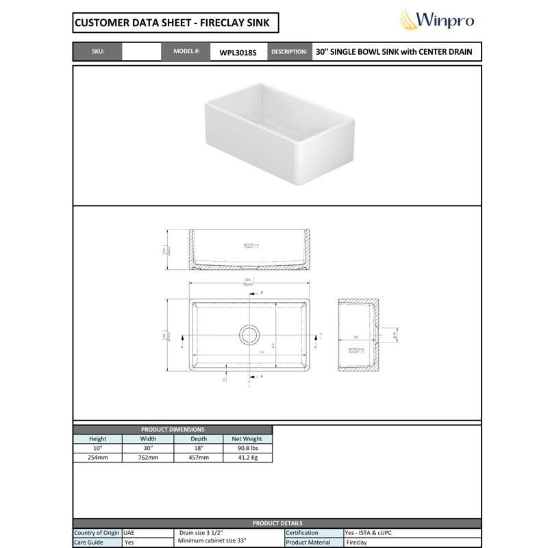 30'' L Single Bowl Fireclay Kitchen Sink