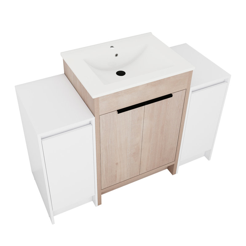 Meuble-lavabo moderne 48 po, lavabo en céramique, 2 compartiments de rangement, porte, meuble-lavabo blanc brillant avec lavabo, unités, Gleam