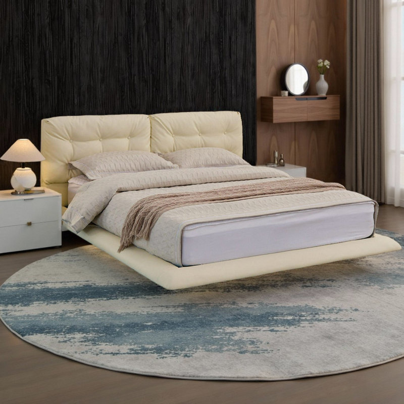 Structure de lit flottant pour grand lit avec lumières DEL, lit plateforme en similicuir avec tête de lit capitonnée, Blanc
