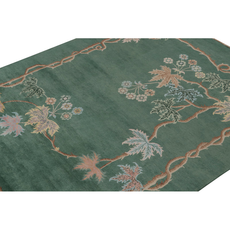 Rug & Kilim’S Chinese Art Deco Rug In Green With Brown And Blue Floral Patterns, Rectangle 9' x 12'