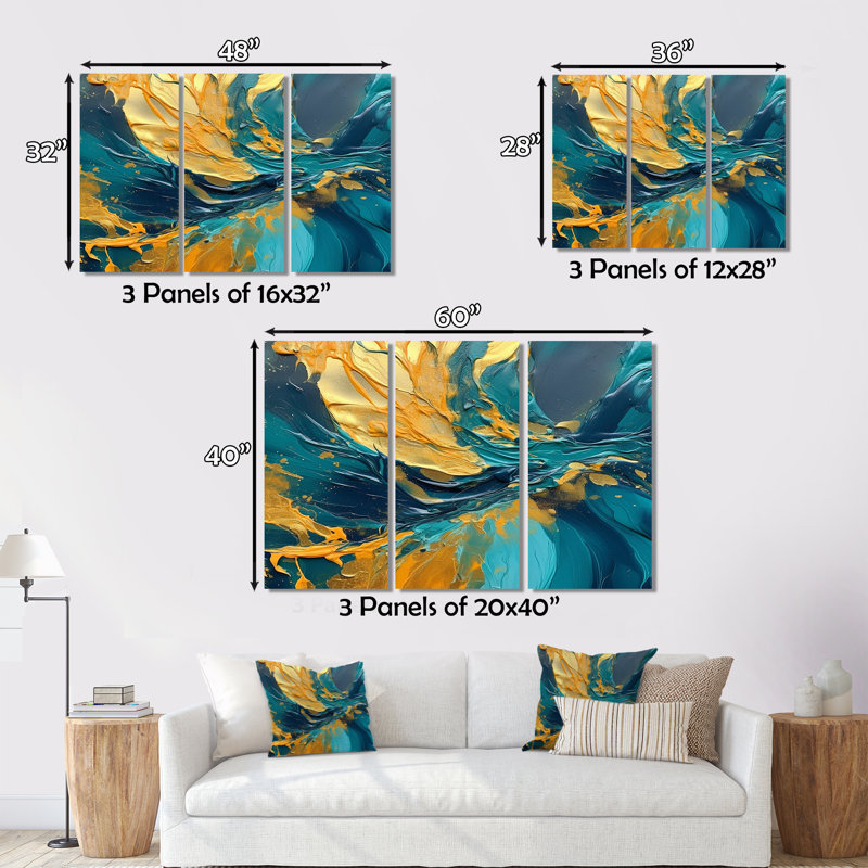 «Golden Sunshine In Deep Blue Ocean Abstract I», ensemble de reproduction d'art sur toile abstraite