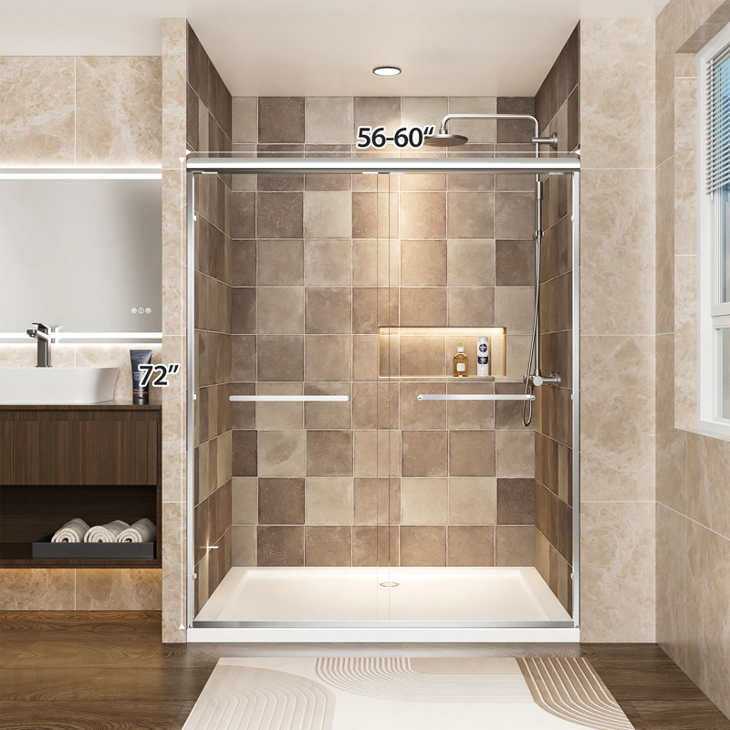 Aluminum Frame Material Double Sliding Opening Shower Door  - 1/4" (6Mm) Clear Tempered Glass With Explosion-Proof Film, Dual Stainless Steel Handles