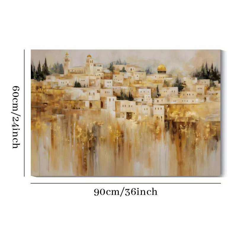 1Pc Christian Framed Canvas Poster Print Ancient City of Jerusalem, Golden Dome Mosque, Impressionist Landscape Painting Wall Decor Art - Ready To Hang - Easter Decor, Perfect for Room Decor Living Room Bedroom Office Religious Home Decor, Bible Art