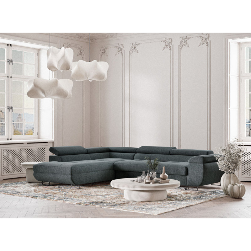 4 Seater Reclining Corner Sofa , Blue Polyester, Left Hand Facing