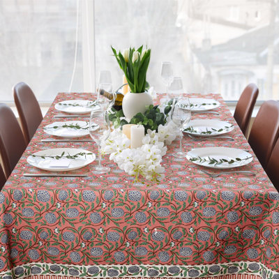60'' X 90'' Cotton Tablecloth Handmade Cotton Floral Tablecloth Washable Print Rectangle Table Cover With Dust Proof Wrinkle Resistant For Kitchen Dining Party Buffet (Pink,Dark Salmon)