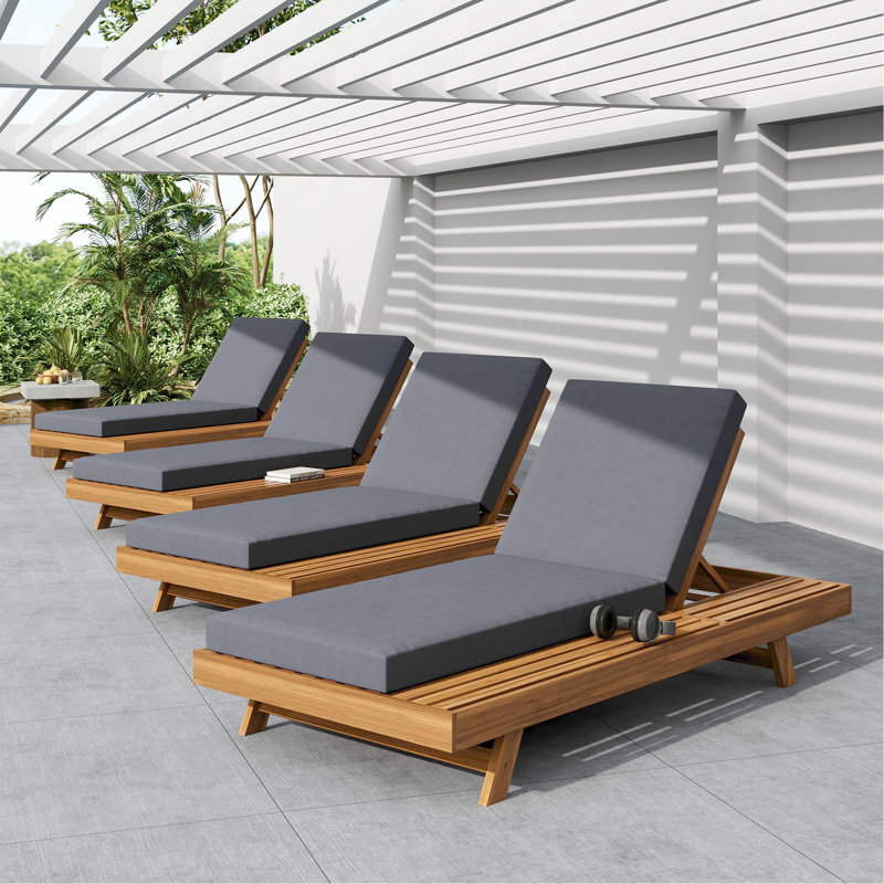 Ensemble de chaises longues, espace disponible d'un côté, bois d'acacia avec coussins de salon résistants à l'eau (gris foncé / 4 pouces d'épaisseur) - version crème assortie disponible