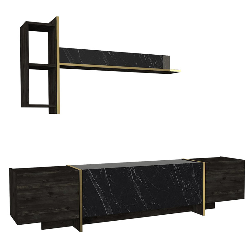 Meuble télé moderne avec capacité de fixation murale, noir et or, 70,5 po x 17,5 po x 12,7 po | 100% panneau de particules enduit de mélamine, épaisseur de 0,71 pouce | Nombreuses tablettes pour un rangement supplémentaire, conception élégante en marbre