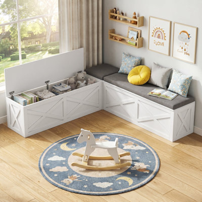 Banc de coin en L avec rangement, banc de coin-repas avec coussins gris, blanc