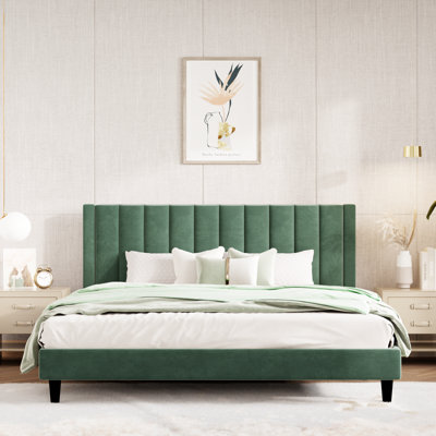 Stauton Upholstered Platform Bed with Velvet and Striped Headboard