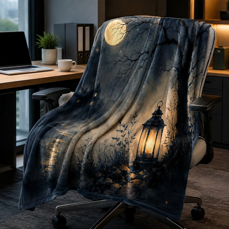 Plaid décoratif doux et moelleux avec scène mystérieuse de lanterne au clair de lune, idéal pour canapé, chambre, salon et décoration intérieure.