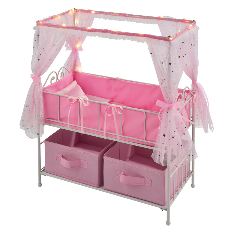 Starlights Doll Crib with Canopy, Bedding, Storage and LED Lights