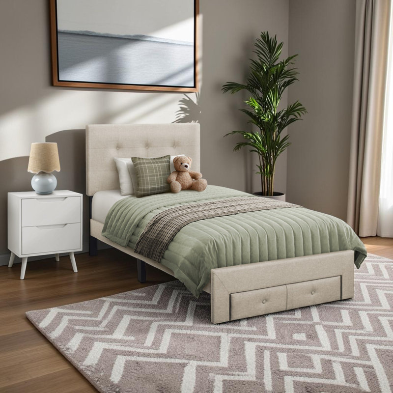 Lit plateforme tapissier simple avec tiroirs de rangement en lin transitionnel beige
