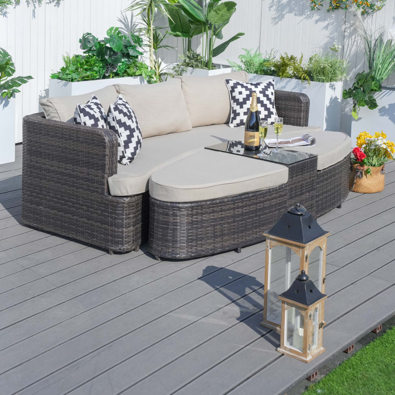 Darsh 88.98'' Long Chaise Lounge Set with Cushions and Table, Beige