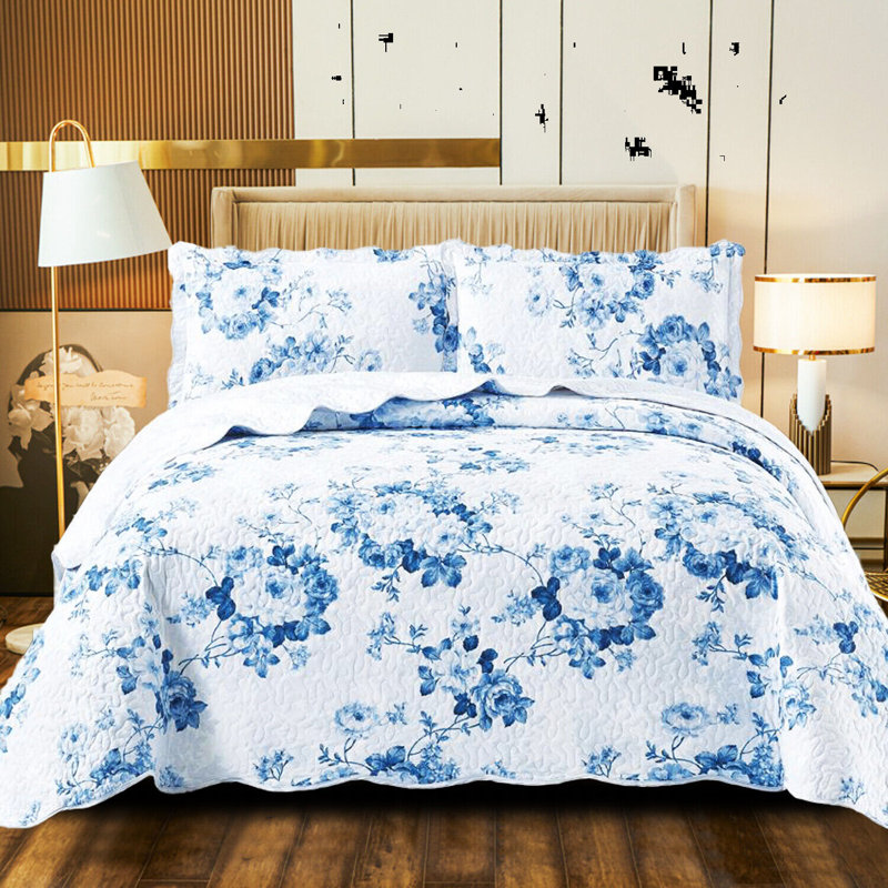 Printed Bedspread Set Floral Pattern with Matching Pillow Shams, Soft Microfiber Coverlet, Lightweight & All-Season Bedding