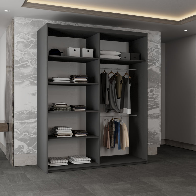 Cevahir 2 Door Manufactured Wood Wardrobe, Grey, 217cm H x 150cm W x 62cm D