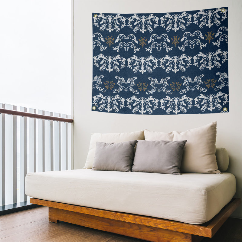 Tapisserie baroque en polyester polyester St Louis, H 26 po x l 36 po, Bleu marine / blanc / brun