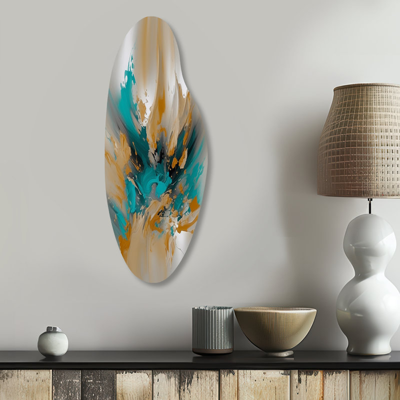 Encre fluide jaune et turquoise - impression asymétrique en marbre sur métal, décoration murale moderne en métal courbé