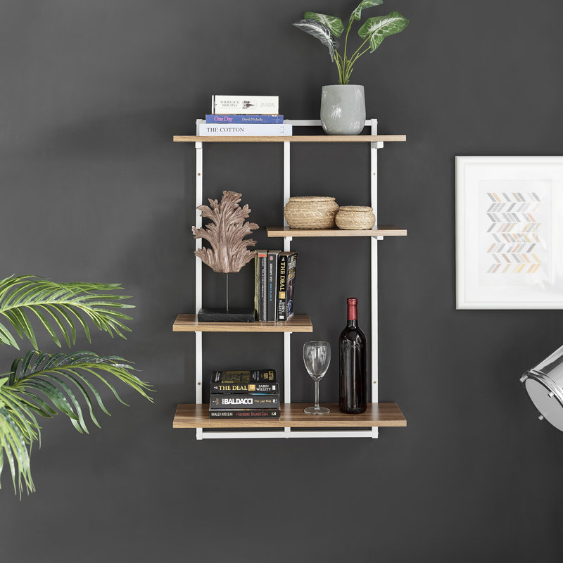 Rhodes 4 Tier Modern Floating Windowsill Wall Shelf, White/Light Walnut