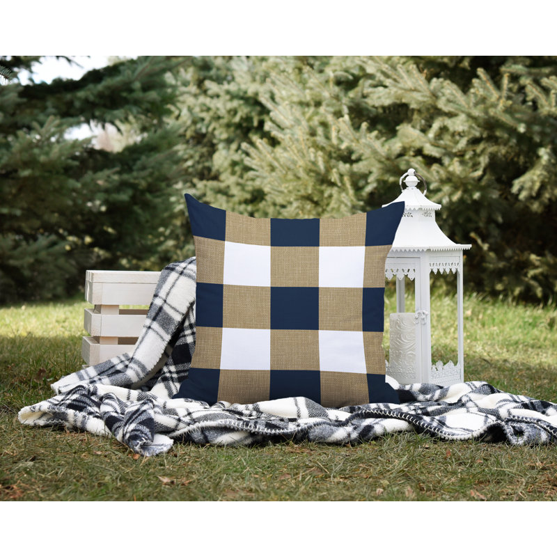 Coussin intérieur / extérieur Jeb Farm House, Beige / bleu marine, L 15 po x H 15 po