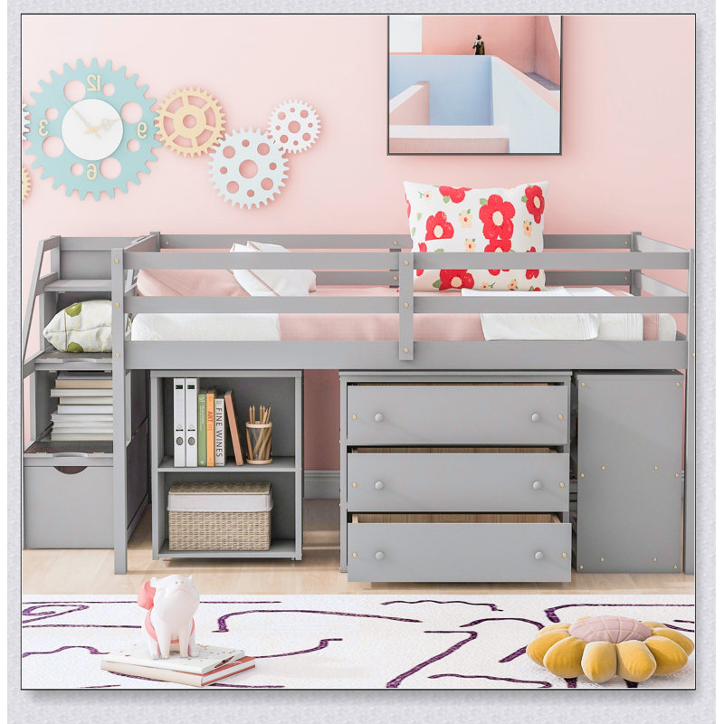 Lit mezzanine avec bureau d'écriture rétractable et tiroirs, Gris