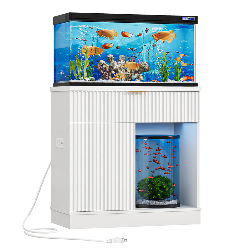 Mobilier moderne pour aquarium avec armoire de rangement, tiroirs, prise électrique et étagères, 31.5", Blanc