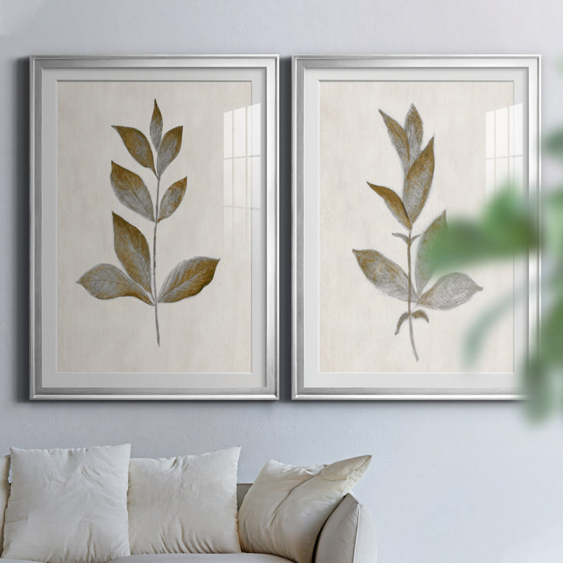 Bronze Leaf I - ensemble de 2 reproductions, Impression encadrée avec passe-partout, H 26,5 po x l 73 po, Argent argent