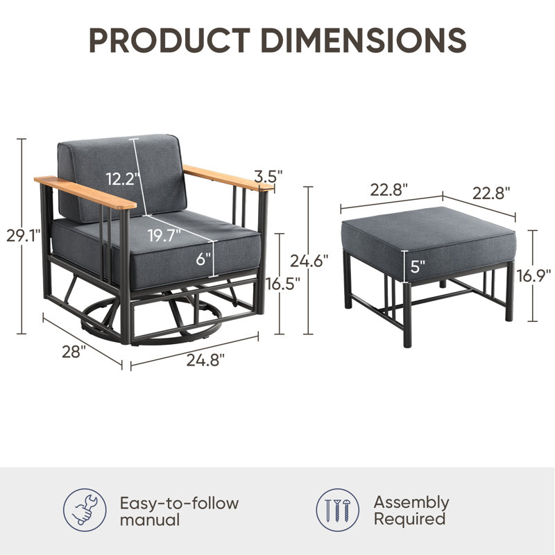 Ensemble de 2 chaises pivotantes Coan, Coussin gris foncé / structure noire