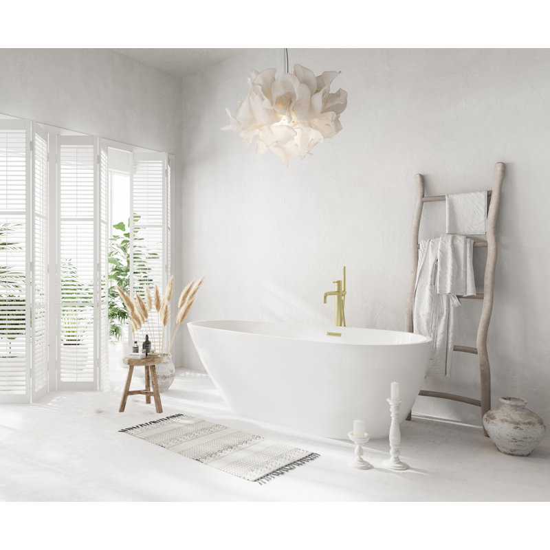67 Inch Glossy White Acrylic Freestanding Bathtub with Brushed Gold Trim