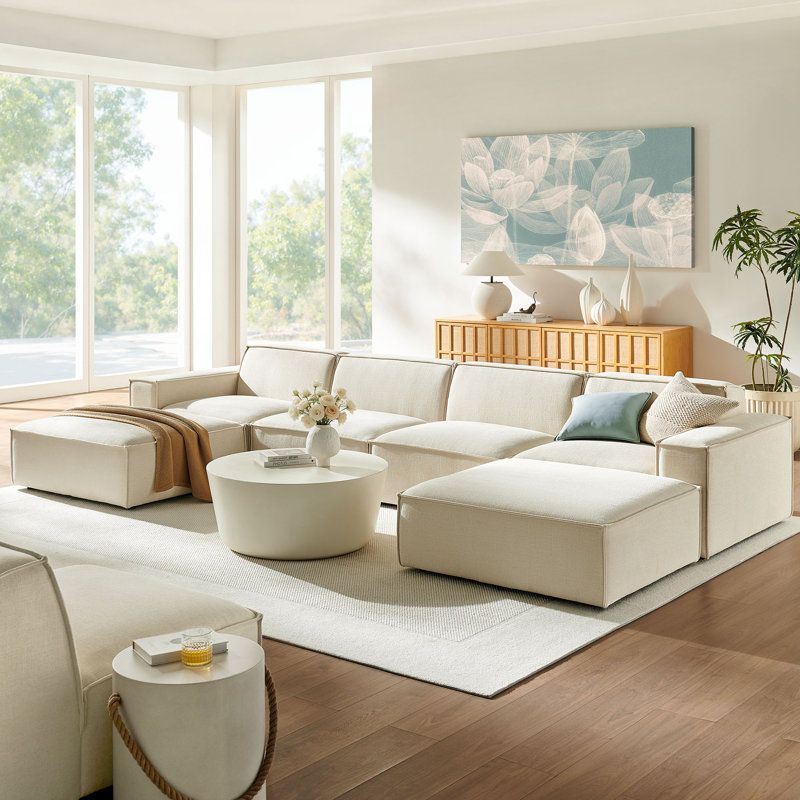 Canapé modulaire rembourré en tissu de performance 6 pièces Bange, Tissu écru