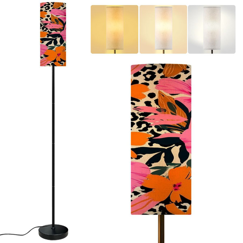  68.5" Standing Floor Lamp Exotic hand drawn flowers print seamless Dimmable Metal Pole Lamp with Linen Lampshade LED Bulb Included