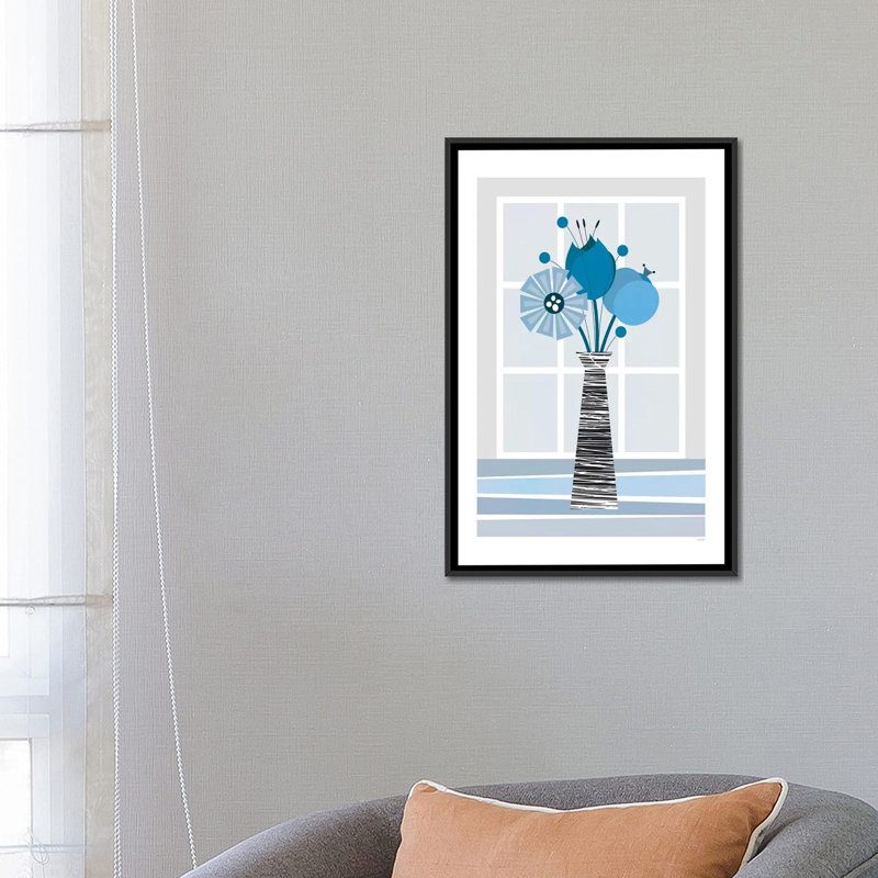 « fleurs (blue) », impression sur toile, H 26 po x l 18 po x P 1,5 po, Toile avec cadre noir, Pas de tapis