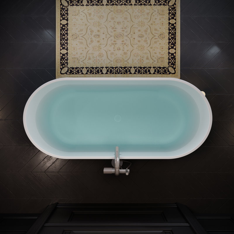 63" x 29.53" Acrylic Freestanding Bathtub, Oval Deep Soaking Bathtub with Center Pop-up Drain & Integrated Overflow for Bathroom Spa, Glossy White