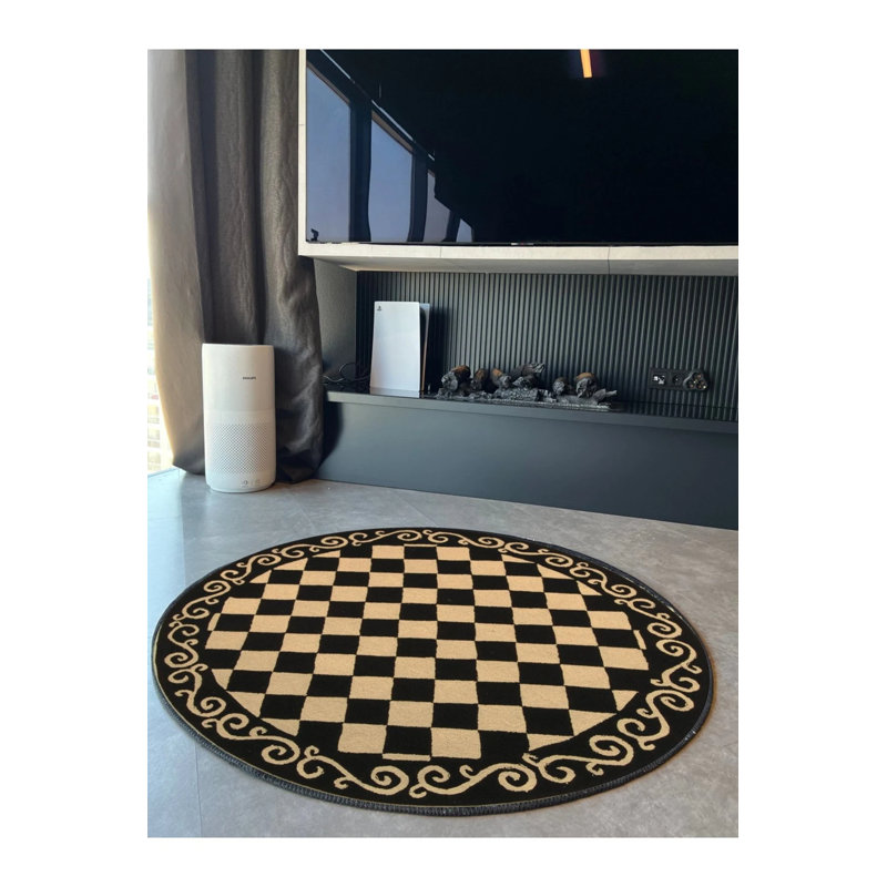 Black And Beige Woven Carpet With Round Checkerboard Pattern, Round 3'4"