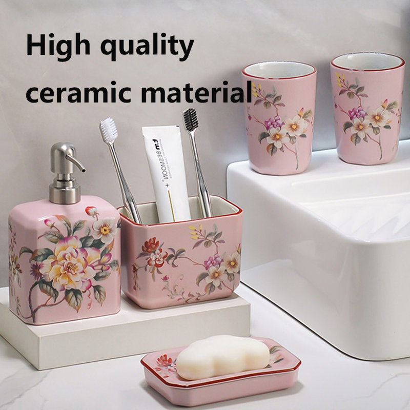 Ceramic Bathroom Accessories Set, Pink