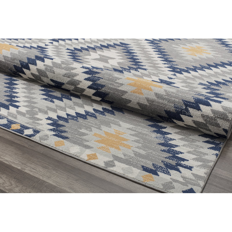 Heron Bodrum Tribal Kilim Denim Area Rug, Rectangle 8'9" x 12', Ivory/Navy/Orange/Silver/Gray