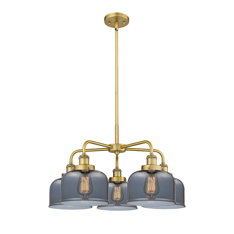 Lustre en verre à 5 lumières Bell, Plaqué couleur fumée, Laiton brossé