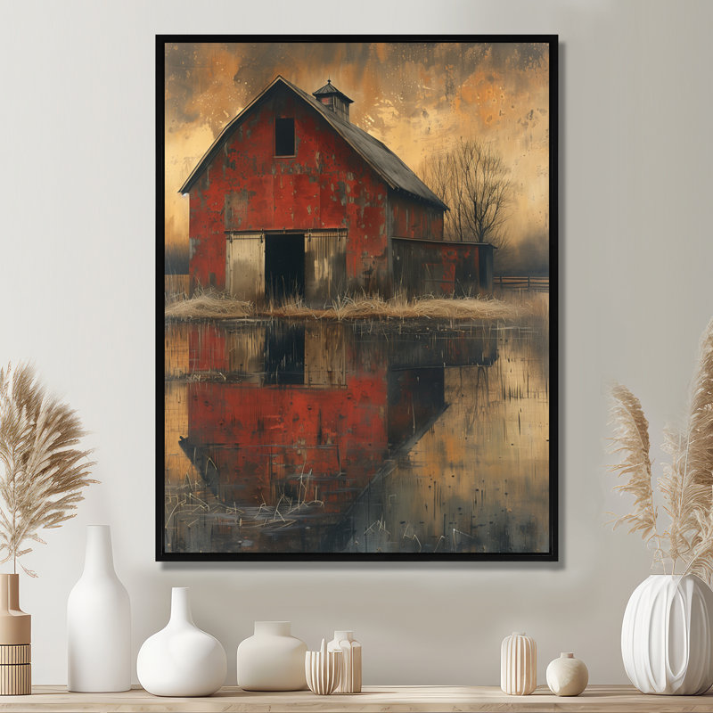 Ancienne grange rétro rouge brun rétro - Art mural de grange, Toile avec cadre flottant noir, H 20 po x l 12 po x P 1 po