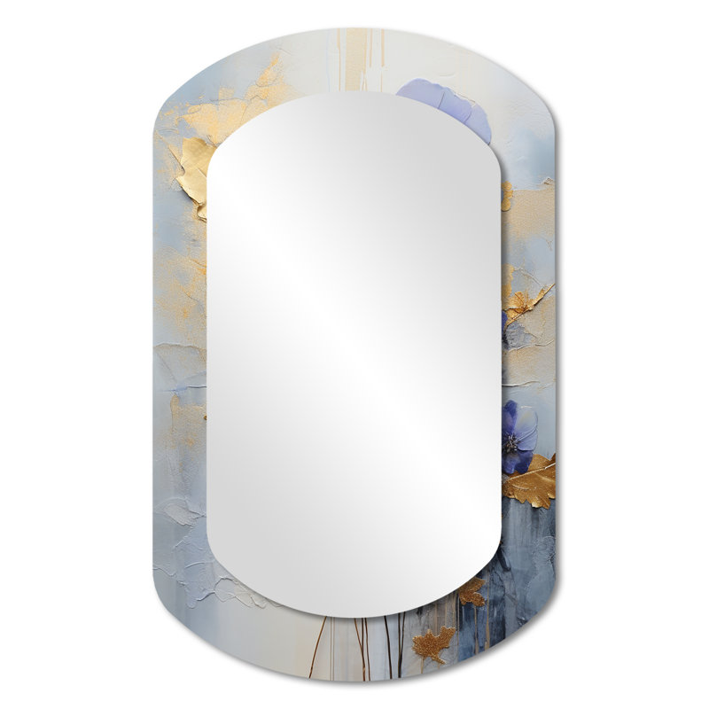 Gainesville Blue And Gold Exquisit Violets III - Violets Asymmetrical Wall Mirror, Beige Cylinder Decorative Mirror, Printed Metal Art